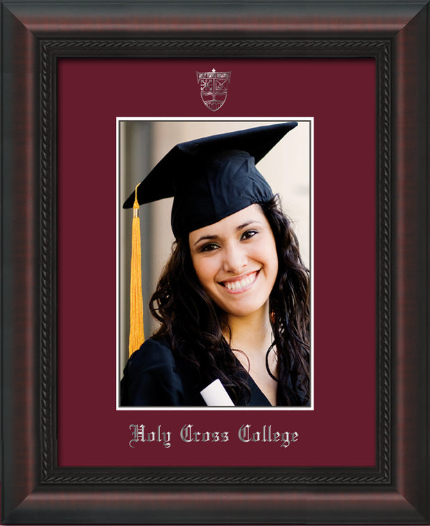 Image of Holy Cross College 5 x 7 Photo Frame - Mahogany Braid - w/Silver Official Embossing of HCC Seal & Name - Single Maroon mat