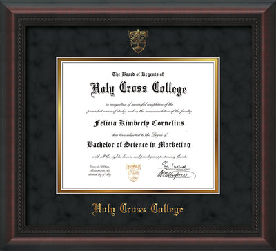 Image of Holy Cross College Diploma Frame - Mahogany Braid - w/Embossed HCC Seal & Name - Black Suede on Gold mat