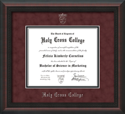 Image of Holy Cross College Diploma Frame - Mahogany Braid - w/Silver Embossed HCC Seal & Name - Maroon Suede on Black mat