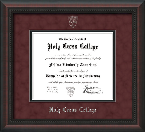 Image of Holy Cross College Diploma Frame - Mahogany Braid - w/Silver Embossed HCC Seal & Name - Maroon Suede on Black mat