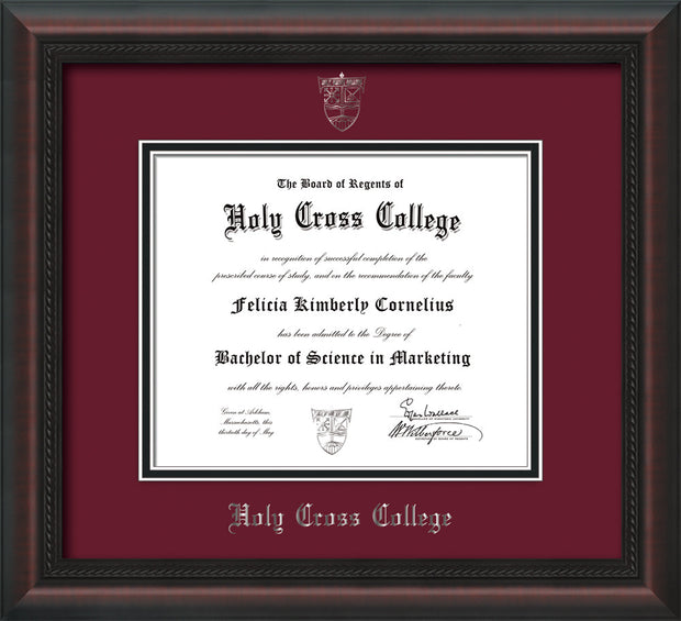 Image of Holy Cross College Diploma Frame - Mahogany Braid - w/Silver Embossed HCC Seal & Name - Maroon on Black mat