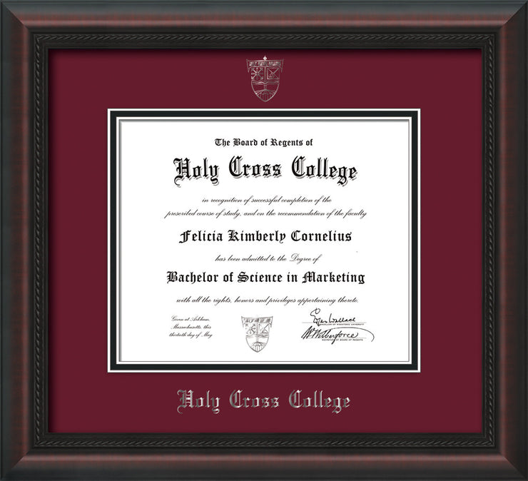 Image of Holy Cross College Diploma Frame - Mahogany Braid - w/Silver Embossed HCC Seal & Name - Maroon on Black mat