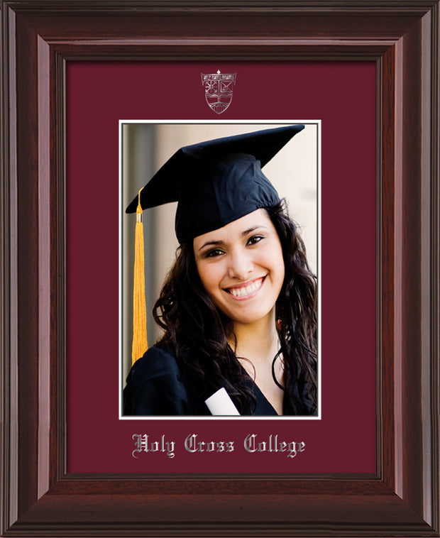 Image of Holy Cross College 5 x 7 Photo Frame - Mahogany Lacquer - w/Silver Official Embossing of HCC Seal & Name - Single Maroon mat