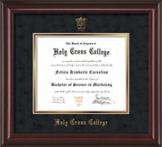 Image of Holy Cross College Diploma Frame - Mahogany Lacquer - w/Embossed HCC Seal & Name - Black Suede on Gold mat