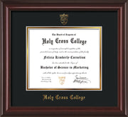 Image of Holy Cross College Diploma Frame - Mahogany Lacquer - w/Embossed HCC Seal & Name - Black on Gold mat