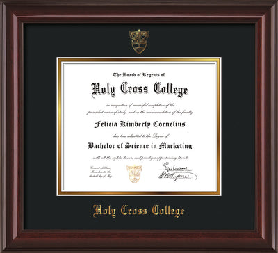 Image of Holy Cross College Diploma Frame - Mahogany Lacquer - w/Embossed HCC Seal & Name - Black on Gold mat