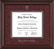 Image of Holy Cross College Diploma Frame - Mahogany Lacquer - w/Silver Embossed HCC Seal & Name - Maroon Suede on Black mat