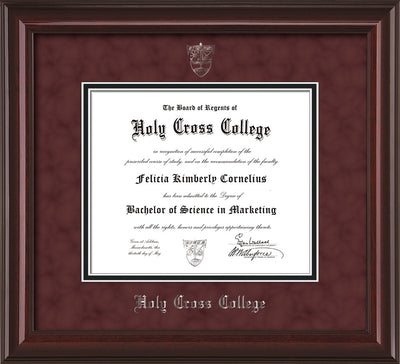 Image of Holy Cross College Diploma Frame - Mahogany Lacquer - w/Silver Embossed HCC Seal & Name - Maroon Suede on Black mat