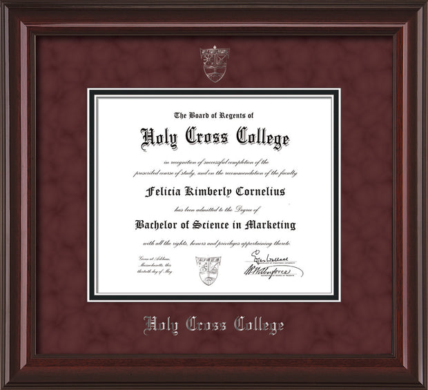 Image of Holy Cross College Diploma Frame - Mahogany Lacquer - w/Silver Embossed HCC Seal & Name - Maroon Suede on Black mat