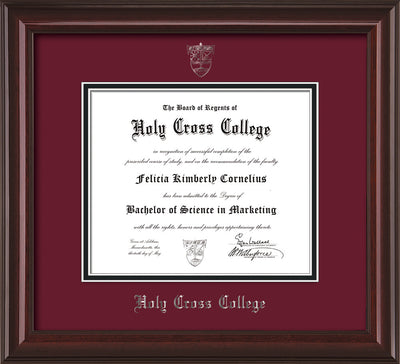 Image of Holy Cross College Diploma Frame - Mahogany Lacquer - w/Silver Embossed HCC Seal & Name - Maroon on Black mat