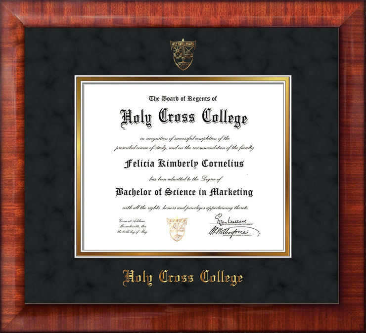 Image of Holy Cross College Diploma Frame - Mezzo Gloss - w/Embossed HCC Seal & Name - Black Suede on Gold mat