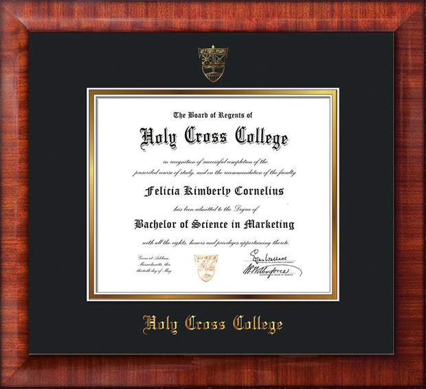 Image of Holy Cross College Diploma Frame - Mezzo Gloss - w/Embossed HCC Seal & Name - Black on Gold mat
