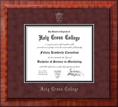 Image of Holy Cross College Diploma Frame - Mezzo Gloss - w/Silver Embossed HCC Seal & Name - Maroon Suede on Black mat