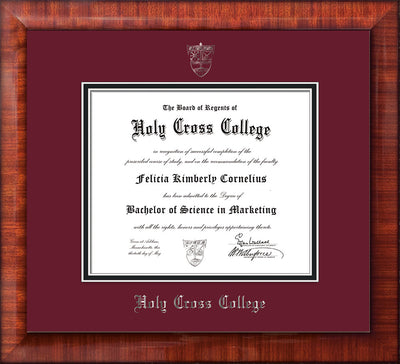 Image of Holy Cross College Diploma Frame - Mezzo Gloss - w/Silver Embossed HCC Seal & Name - Maroon on Black mat
