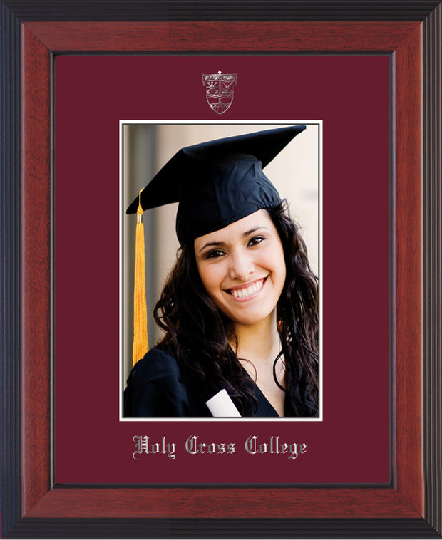 Image of Holy Cross College 5 x 7 Photo Frame - Cherry Reverse - w/Silver Official Embossing of HCC Seal & Name - Single Maroon mat