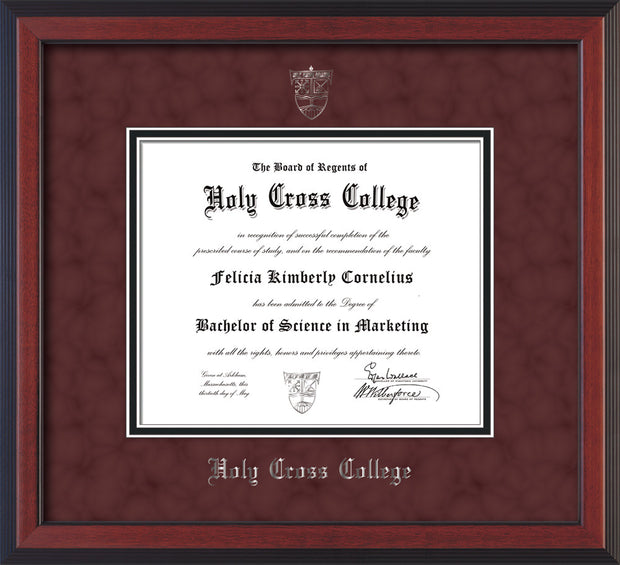 Image of Holy Cross College Diploma Frame - Cherry Reverse - w/Silver Embossed HCC Seal & Name - Maroon Suede on Black mat