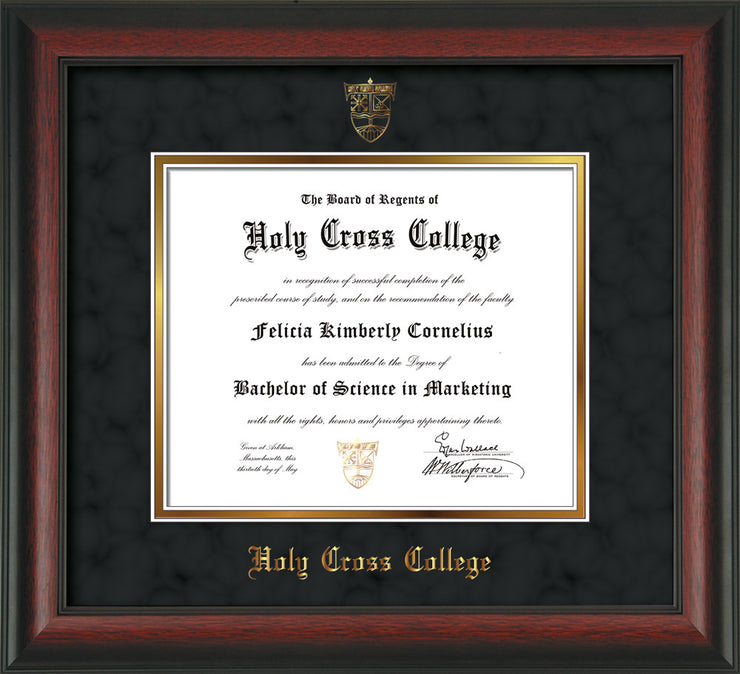 Image of Holy Cross College Diploma Frame - Rosewood - w/Embossed HCC Seal & Name - Black Suede on Gold mat