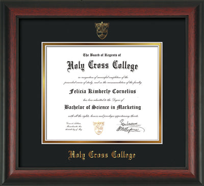 Image of Holy Cross College Diploma Frame - Rosewood - w/Embossed HCC Seal & Name - Black on Gold mat