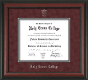 Image of Holy Cross College Diploma Frame - Rosewood - w/Silver Embossed HCC Seal & Name - Maroon Suede on Black mat