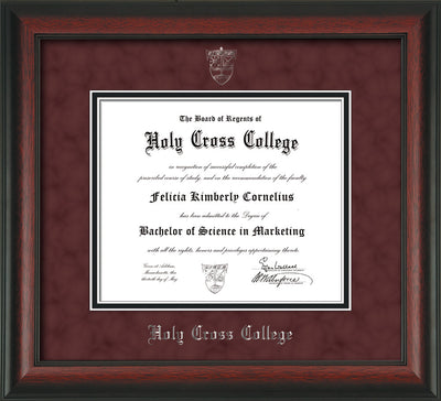 Image of Holy Cross College Diploma Frame - Rosewood - w/Silver Embossed HCC Seal & Name - Maroon Suede on Black mat