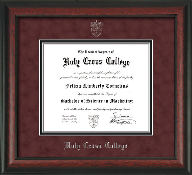 Image of Holy Cross College Diploma Frame - Rosewood - w/Silver Embossed HCC Seal & Name - Maroon Suede on Black mat