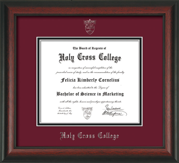 Image of Holy Cross College Diploma Frame - Rosewood - w/Silver Embossed HCC Seal & Name - Maroon on Black mat