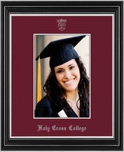 Image of Holy Cross College 5 x 7 Photo Frame - Satin Silver - w/Silver Official Embossing of HCC Seal & Name - Single Maroon mat