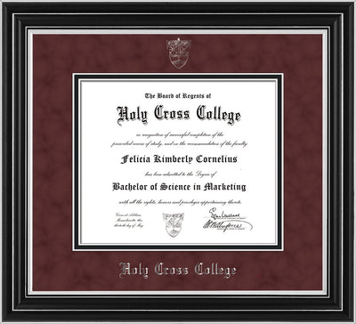 Image of Holy Cross College Diploma Frame - Satin Silver - w/Silver Embossed HCC Seal & Name - Maroon Suede on Black mat