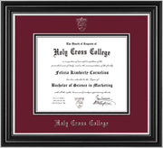Image of Holy Cross College Diploma Frame - Satin Silver - w/Silver Embossed HCC Seal & Name - Maroon on Black mat