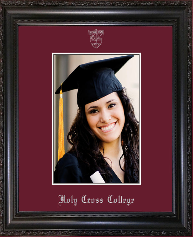 Holy Cross College 5 x 7 Photo Frame - Vintage Black Scoop - w/Silver Official Embossing of HCC Seal & Name - Single Maroon mat