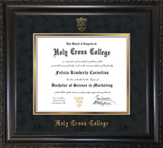 Image of Holy Cross College Diploma Frame - Vintage Black Scoop - w/Embossed HCC Seal & Name - Black Suede on Gold mat