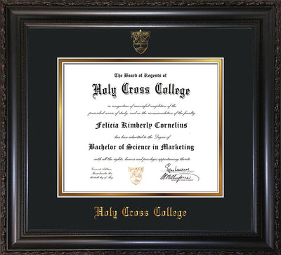 Image of Holy Cross College Diploma Frame - Vintage Black Scoop - w/Embossed HCC Seal & Name - Black on Gold mat