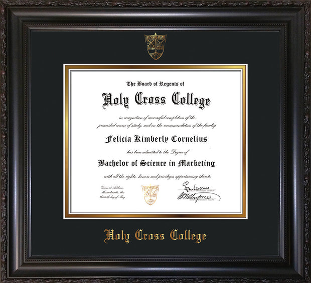 Image of Holy Cross College Diploma Frame - Vintage Black Scoop - w/Embossed HCC Seal & Name - Black on Gold mat