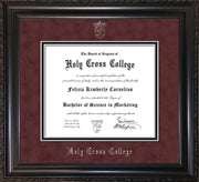 Image of Holy Cross College Diploma Frame - Vintage Black Scoop - w/Silver Embossed HCC Seal & Name - Maroon Suede on Black mat