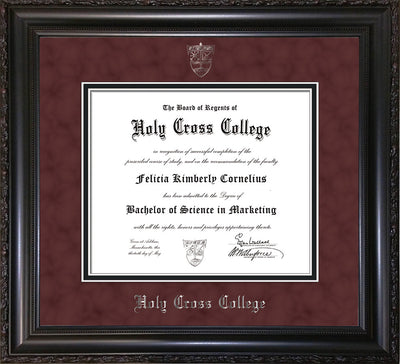 Image of Holy Cross College Diploma Frame - Vintage Black Scoop - w/Silver Embossed HCC Seal & Name - Maroon Suede on Black mat