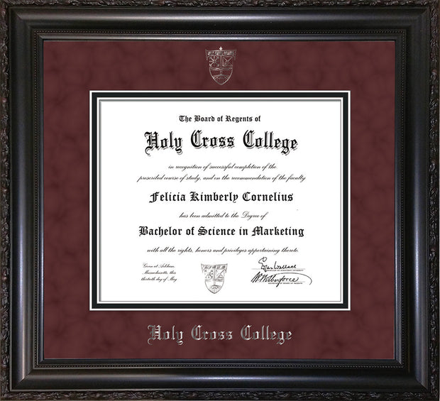 Image of Holy Cross College Diploma Frame - Vintage Black Scoop - w/Silver Embossed HCC Seal & Name - Maroon Suede on Black mat