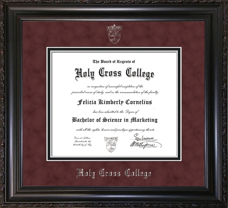 Image of Holy Cross College Diploma Frame - Vintage Black Scoop - w/Silver Embossed HCC Seal & Name - Maroon Suede on Black mat