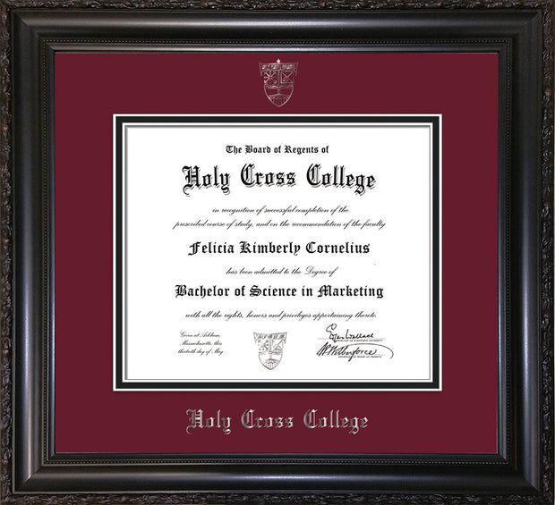 Image of Holy Cross College Diploma Frame - Vintage Black Scoop - w/Silver Embossed HCC Seal & Name - Maroon on Black mat