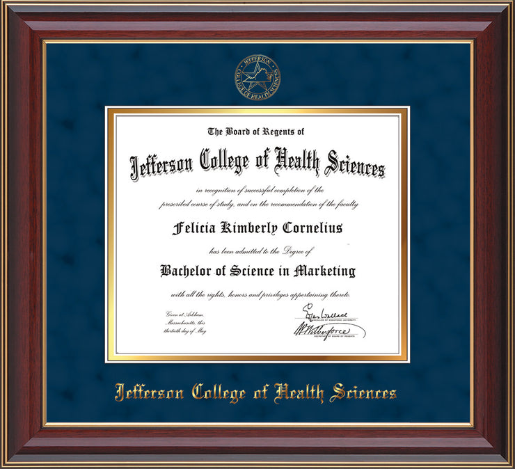 Image of Jefferson College of Health Sciences Diploma Frame - Cherry Lacquer - w/JCHS Embossed Seal & Name - Navy Suede on Gold mat