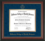 Image of Jefferson College of Health Sciences Diploma Frame - Rosewood w/Gold Lip - w/JCHS Embossed Seal & Name - Navy Suede on Gold mat