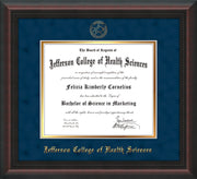 Image of Jefferson College of Health Sciences Diploma Frame - Mahogany Braid - w/JCHS Embossed Seal & Name - Navy Suede on Gold mat