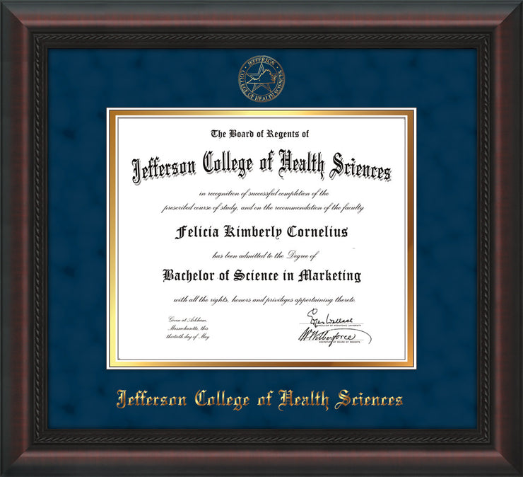 Image of Jefferson College of Health Sciences Diploma Frame - Mahogany Braid - w/JCHS Embossed Seal & Name - Navy Suede on Gold mat