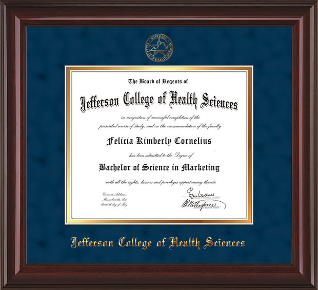 Image of Jefferson College of Health Sciences Diploma Frame - Mahogany Lacquer - w/JCHS Embossed Seal & Name - Navy Suede on Gold mat