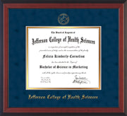 Image of Jefferson College of Health Sciences Diploma Frame - Cherry Reverse - w/JCHS Embossed Seal & Name - Navy Suede on Gold mat