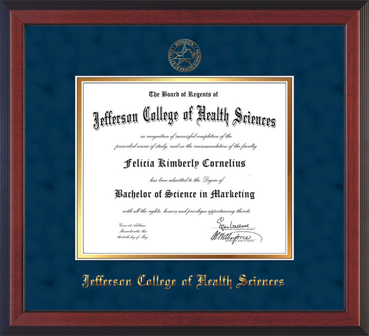 Image of Jefferson College of Health Sciences Diploma Frame - Cherry Reverse - w/JCHS Embossed Seal & Name - Navy Suede on Gold mat