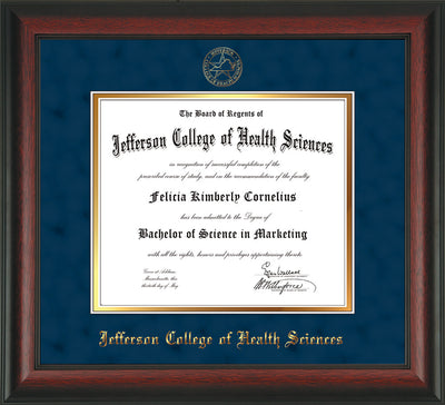 Image of Jefferson College of Health Sciences Diploma Frame - Rosewood - w/JCHS Embossed Seal & Name - Navy Suede on Gold mat