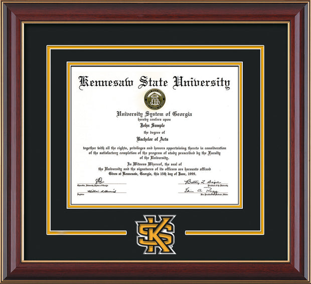 Image of Kennesaw State University Diploma Frame - Black Lacquer - 3D Laser KS Logo Cutout - Black on Golden Yellow mat