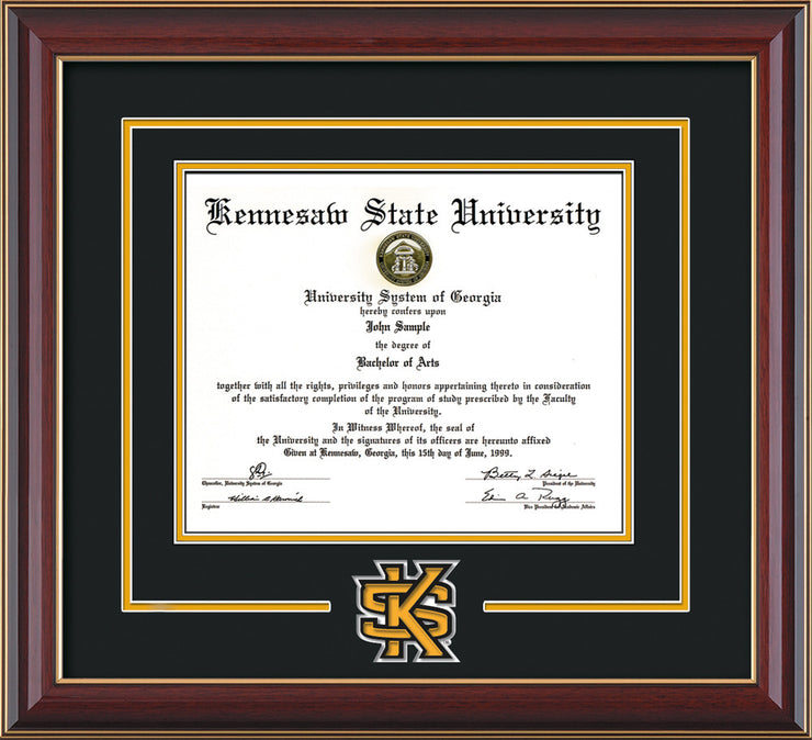 Image of Kennesaw State University Diploma Frame - Black Lacquer - 3D Laser KS Logo Cutout - Black on Golden Yellow mat