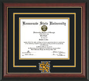 Image of Kennesaw State University Diploma Frame - Rosewood w/Gold Lip - 3D Laser KS Logo Cutout - Black on Golden Yellow mat