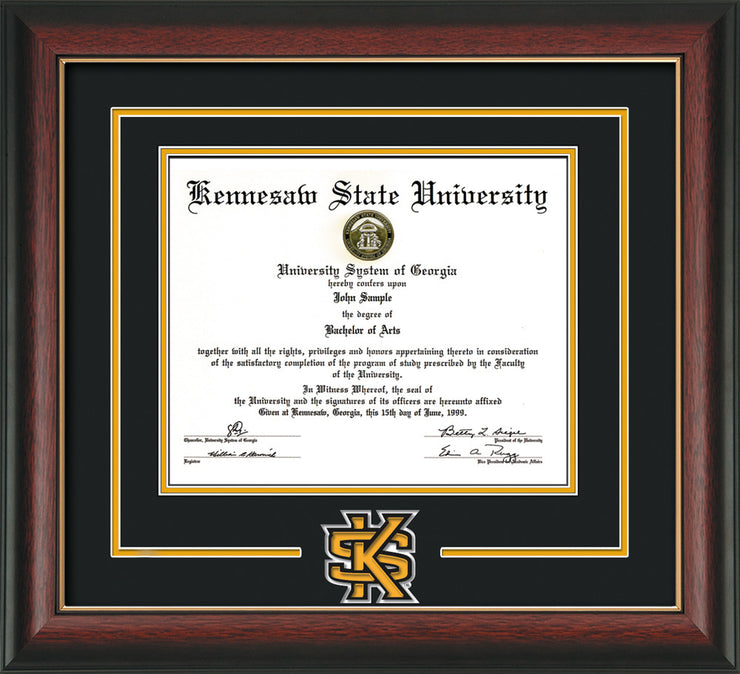 Image of Kennesaw State University Diploma Frame - Rosewood w/Gold Lip - 3D Laser KS Logo Cutout - Black on Golden Yellow mat